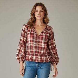 American Rag Cie Plaid Flounce Blouse Sz M Red Embroidered Long Sleeves Bohemian